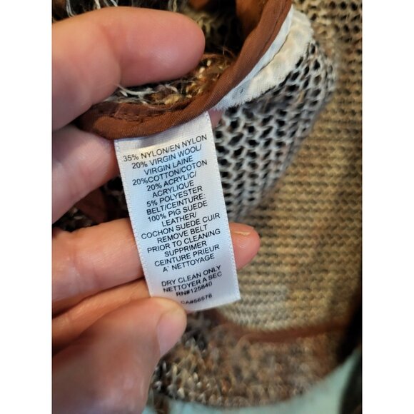 Intermix Brown Wool Blend Tweed Fringe Suede Belted Mid Length Wrap Jacket Sz S - Picture 8 of 9
